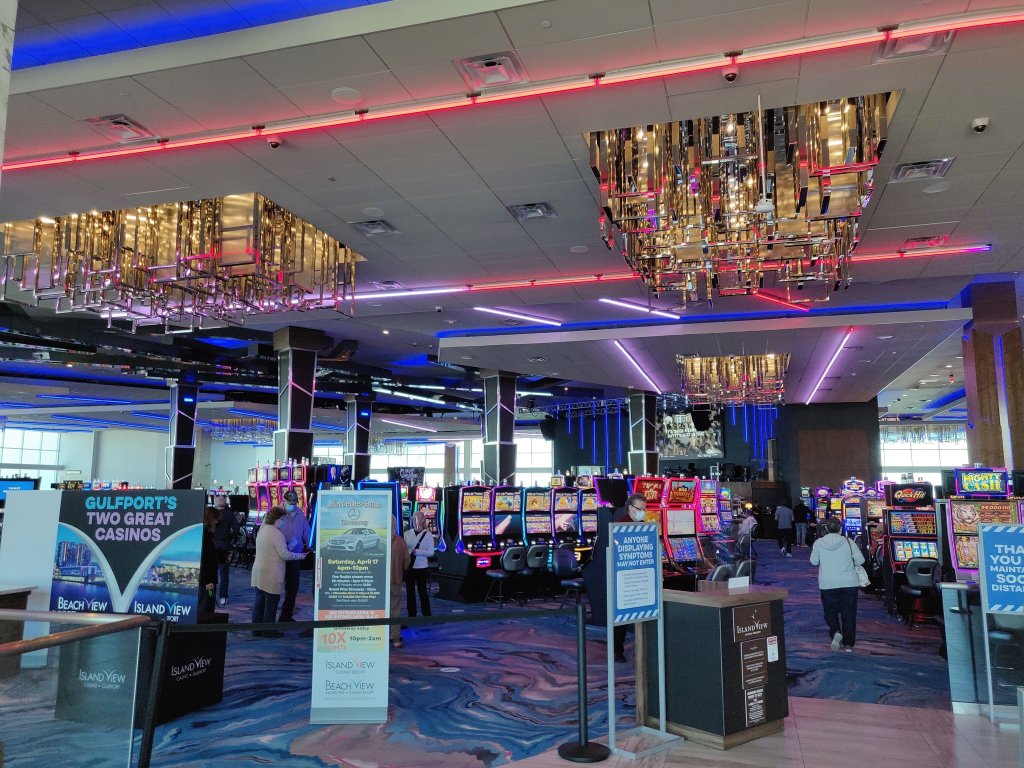 Beach View and Island View casino entrance signage inside Gulfport casino floor