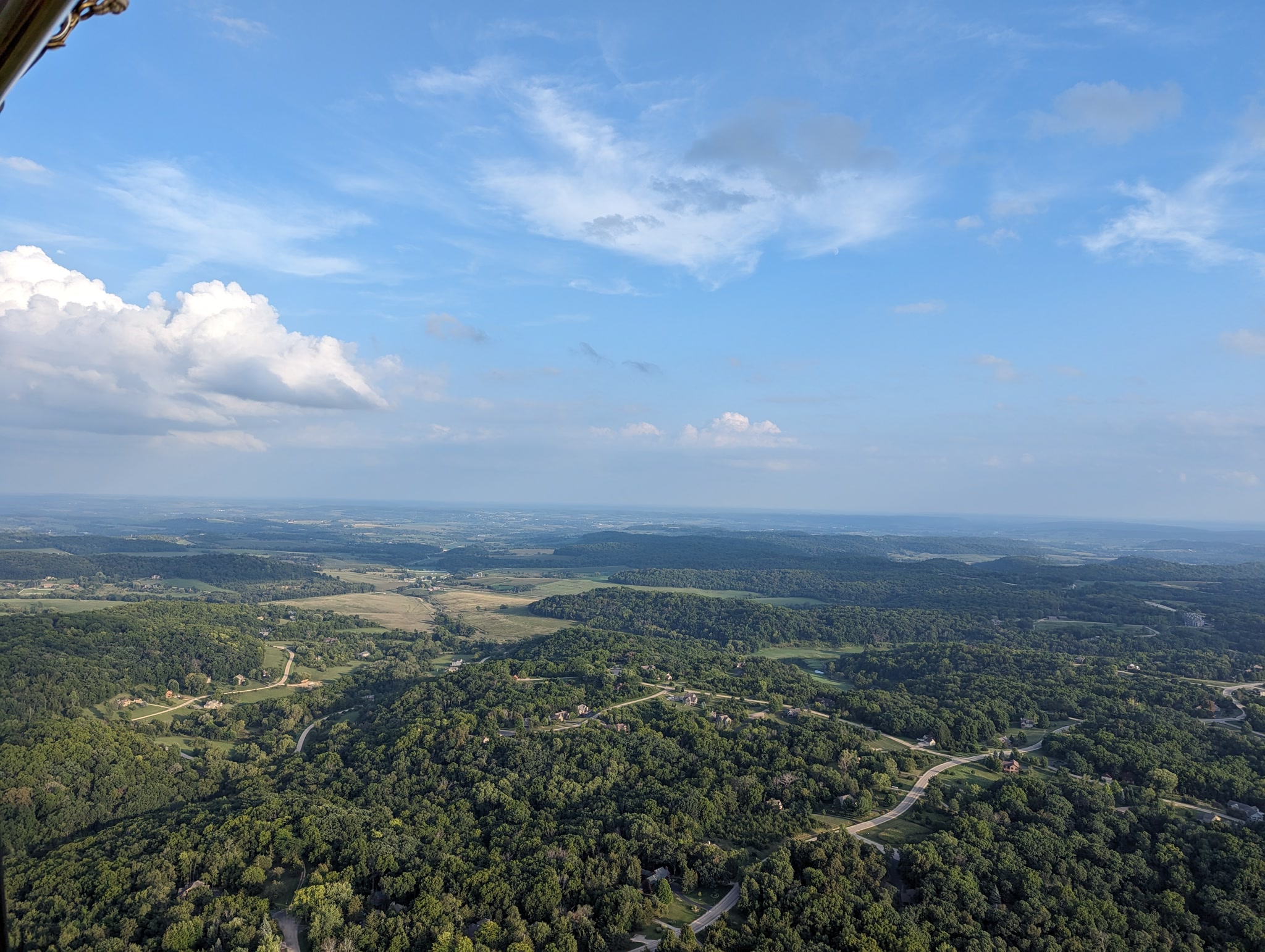 Aerial view of rolling green hills near Galena Illinois from a hot air balloon
