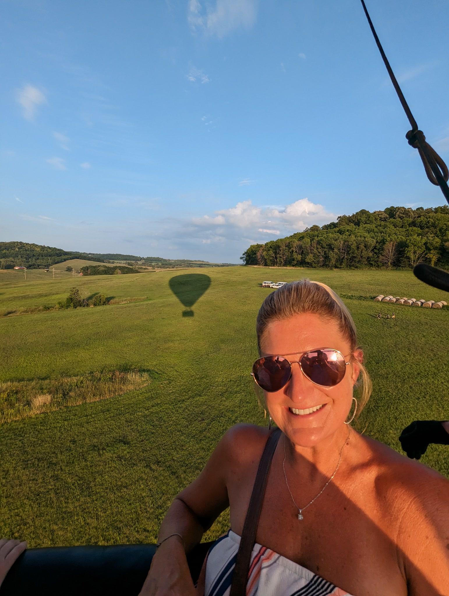 Selfie from a hot air balloon basket with shadow on the envelope near Galena Illinois