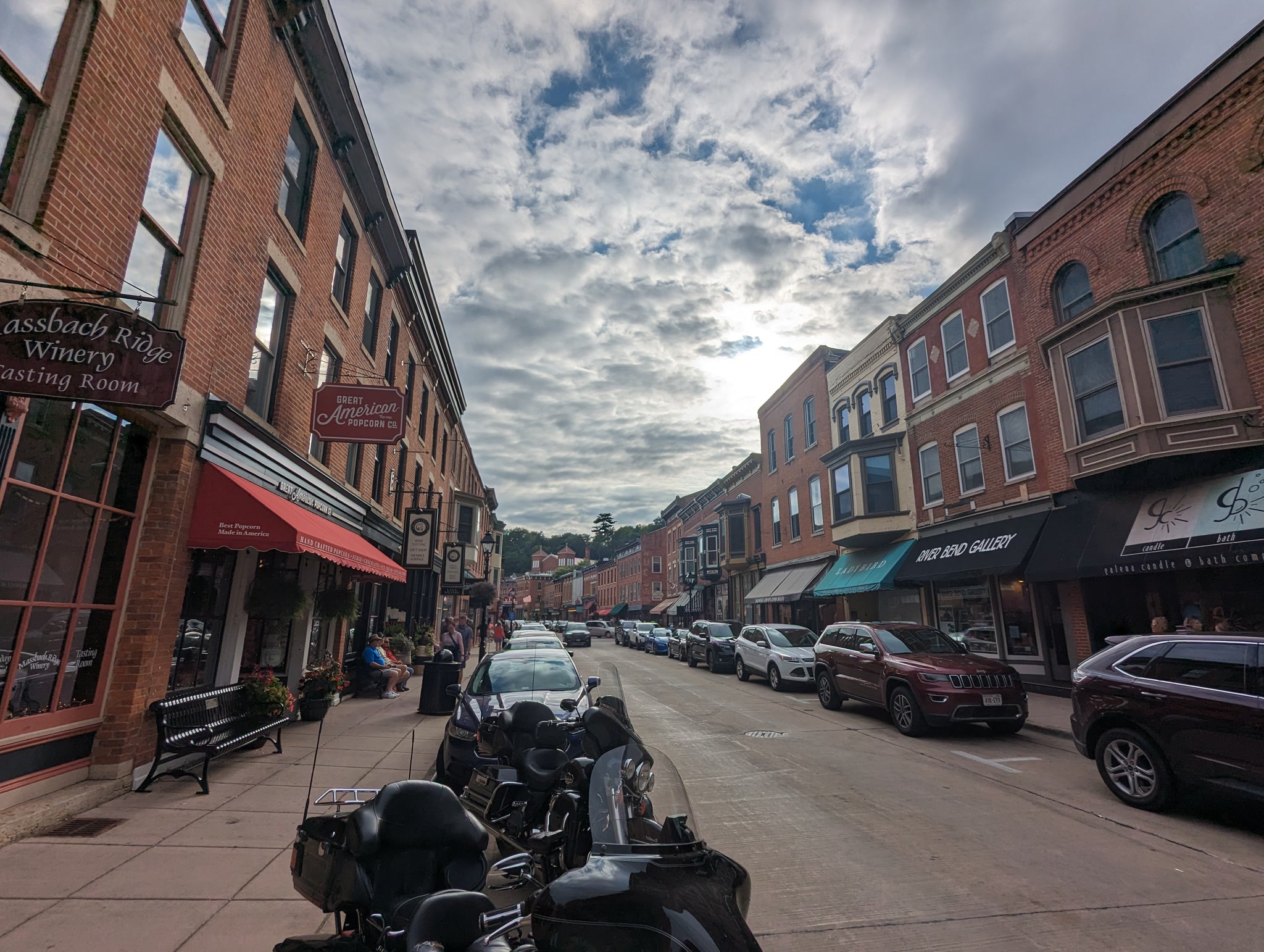 Historic Main Street storefronts including popcorn and galleries in Galena Illinois