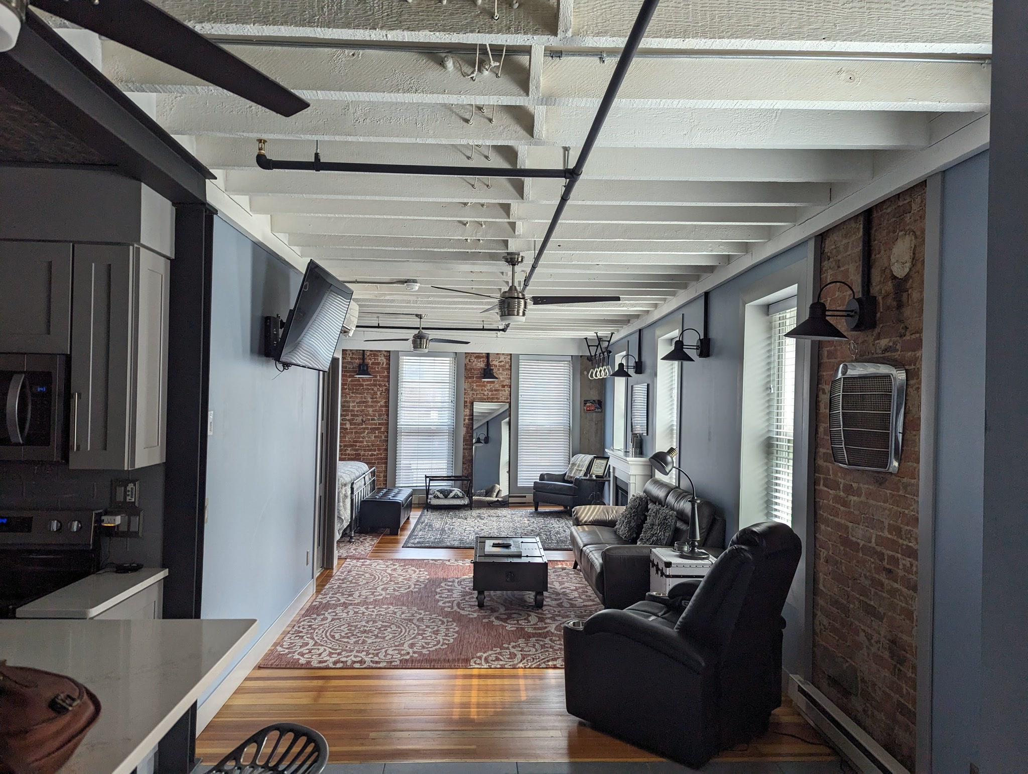 Long view through the loft living space at Suite Victory Airbnb in Galena Illinois