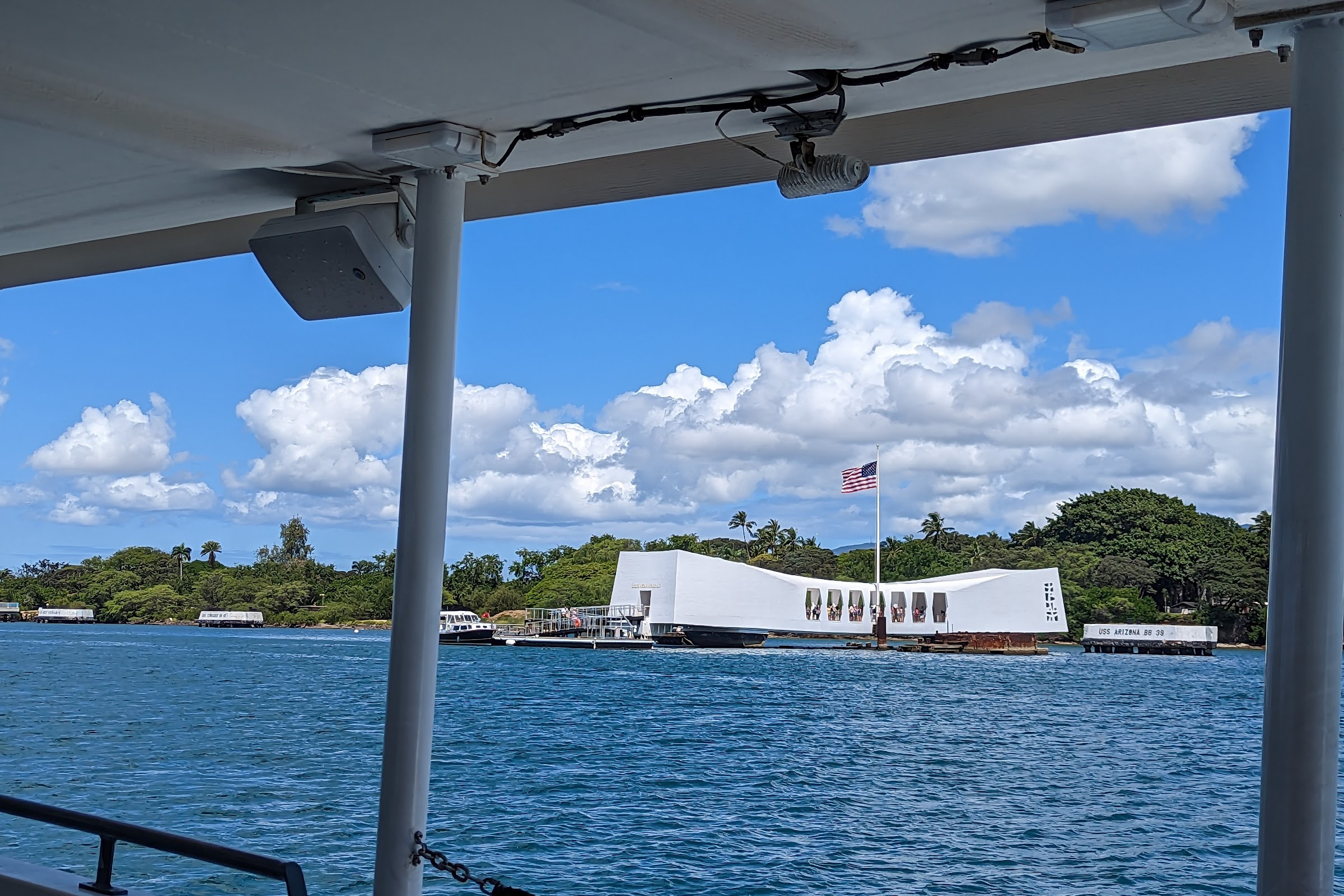 The USS Arizona Memorial seen from our boat across Pearl Harbor