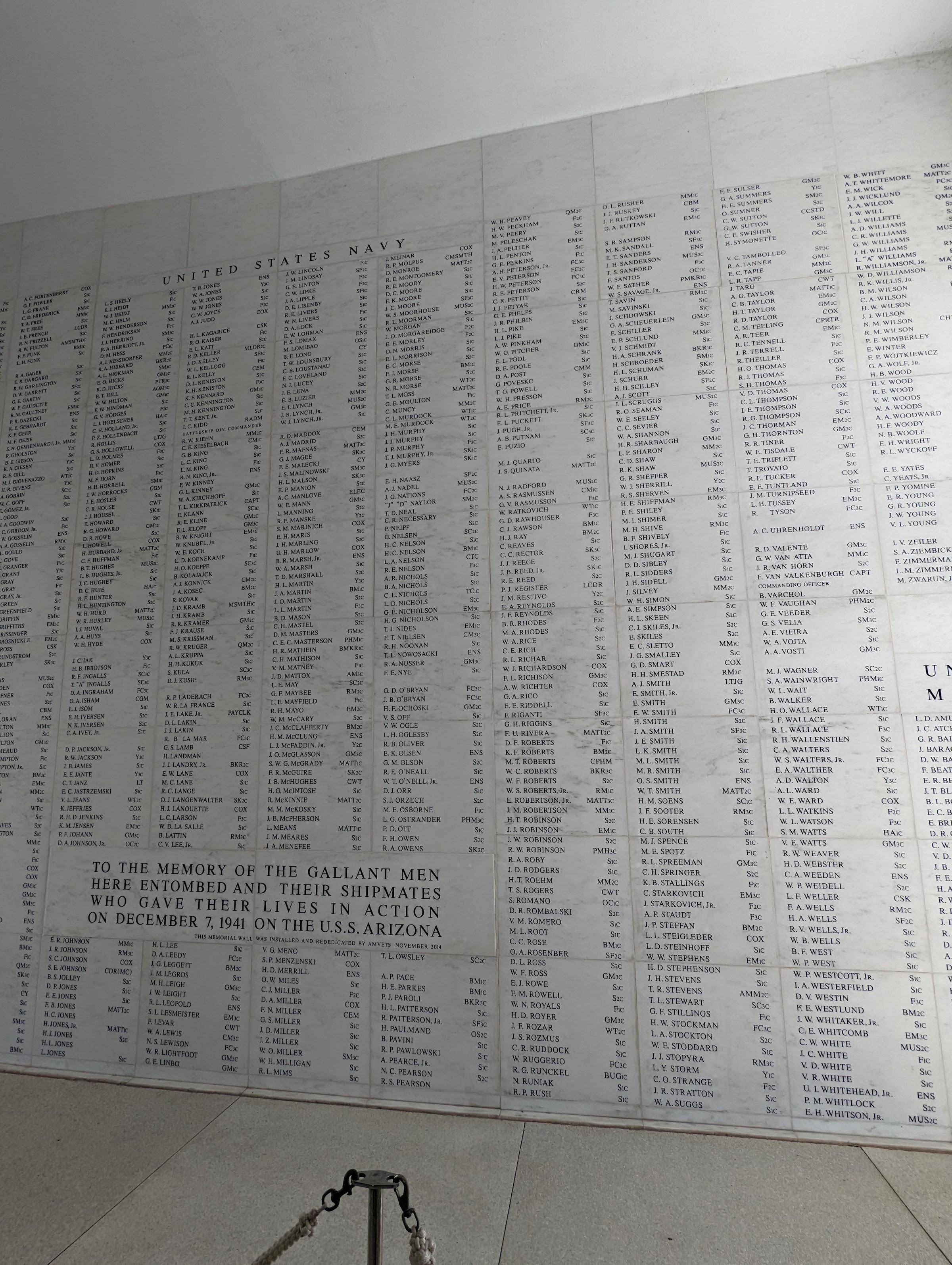 The wall of names inside the USS Arizona Memorial